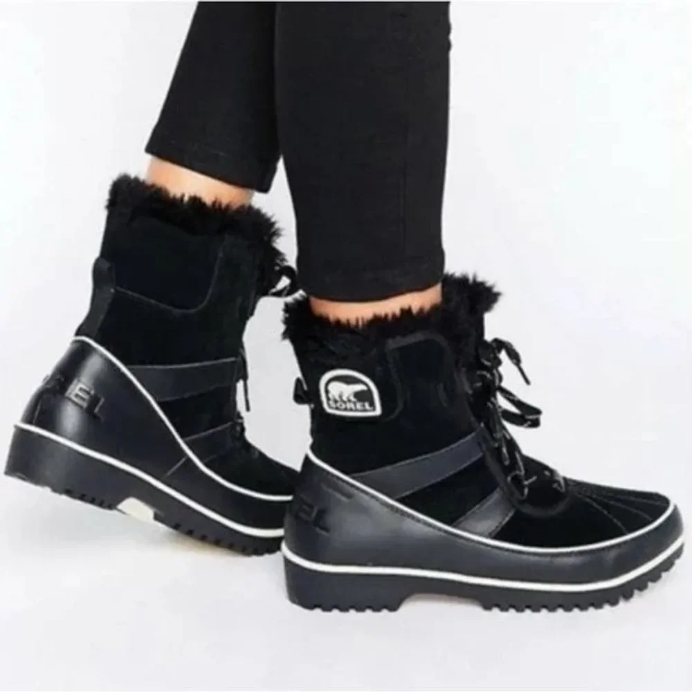 SOREL 7.5 Women’s Black White Trim Leather Suede Tivoli II Faux Fur Ankle Boots